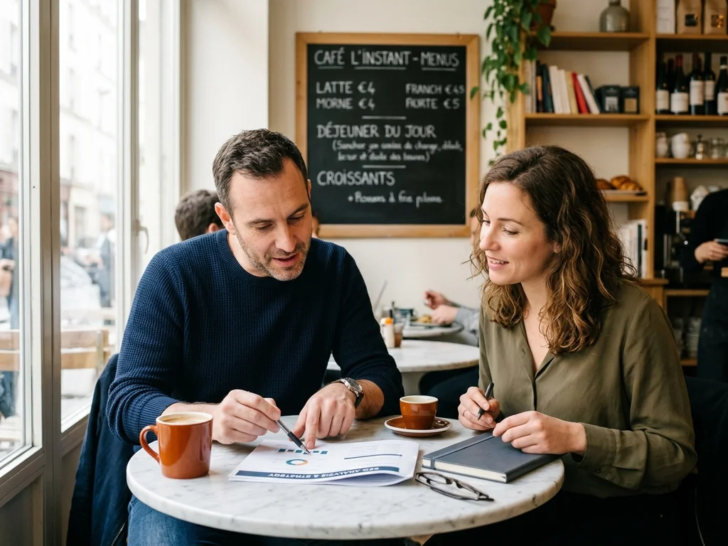 Un consultant SEO discute d'une stratégie personnalisée avec une cliente dans un café local.